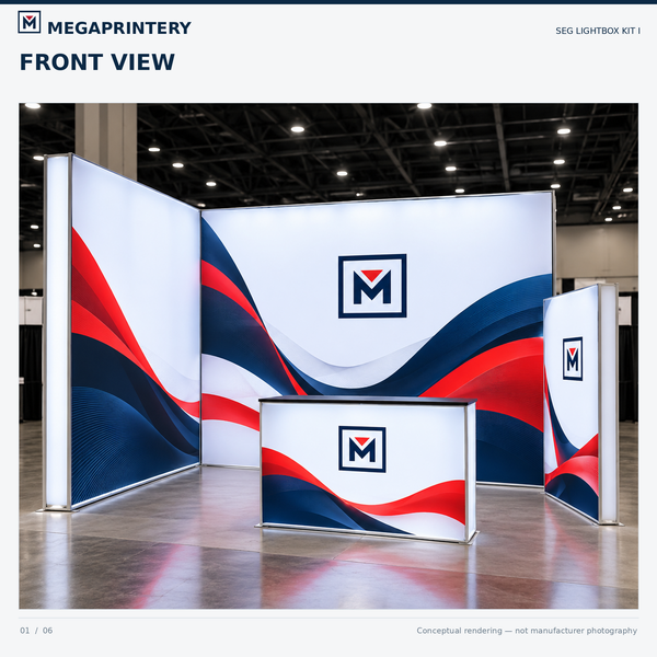 Kit I — front view illustration of 10×6.6 ft backwall, 10×6.6 ft return wall, 2.8×6.6 ft divider and 3.3×3.3 ft display counter; exact placement requires manufacturer verification.