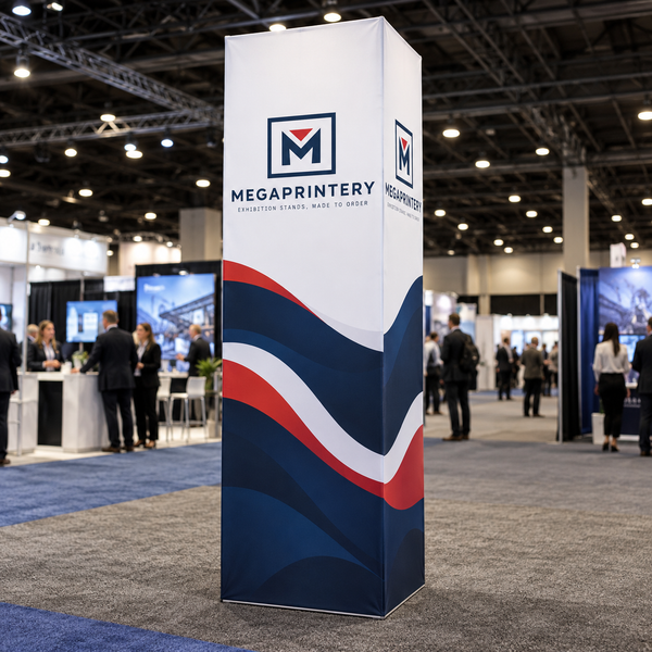 Megaprintery Cubic Fabric Tower System in trade show hall, square-section fabric tower, hero concept rendering, not an installation photograph.