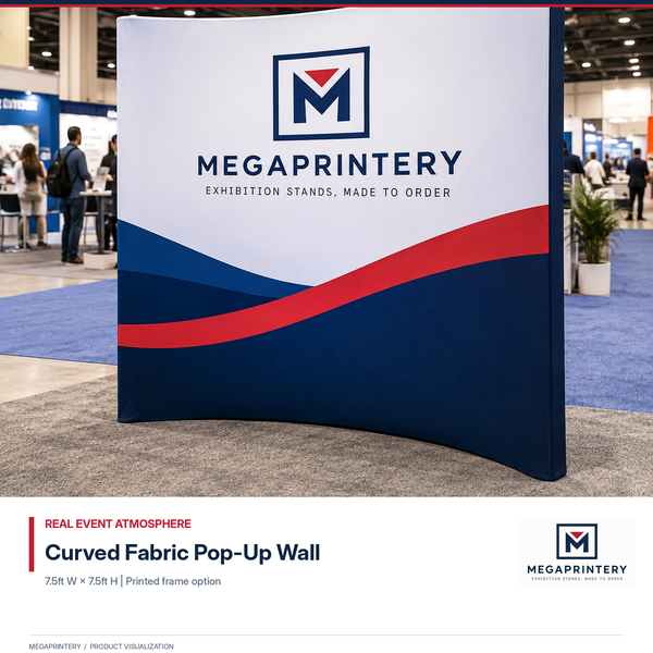 Megaprintery Curved Fabric Pop-Up Wall System, 7.5ft by 7.5ft, event-style front hero concept, not a manufacturer photo.