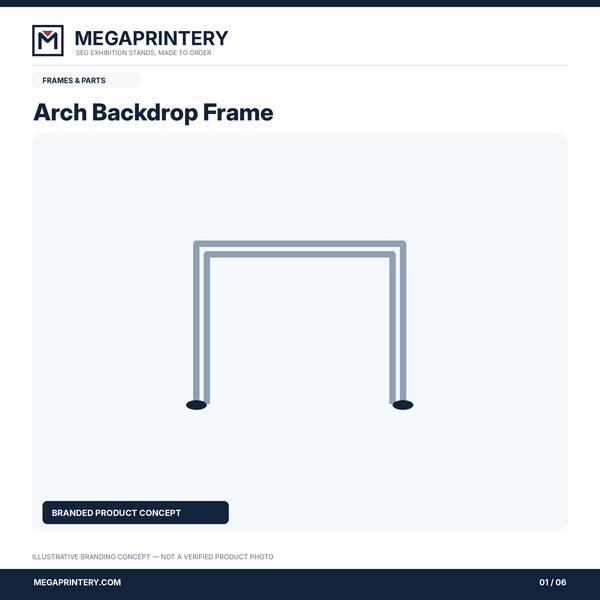 Arch Backdrop Frame: illustrative branded concept 1/6; hardware details not verified