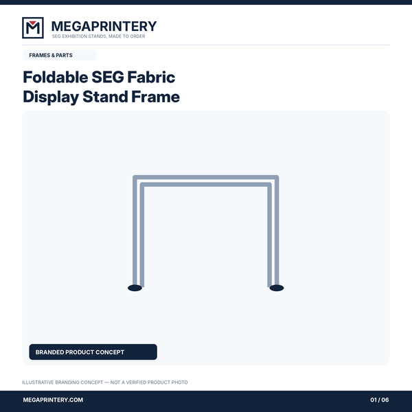Foldable SEG Fabric Display Stand Frame: illustrative branded concept 1/6; hardware details not verified