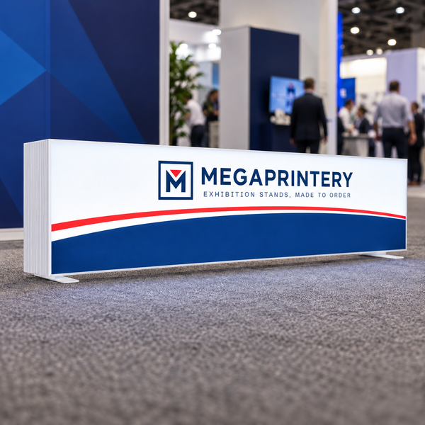 6.6x1.6ft SEG Light Box, white PVC frame, primary event view; photorealistic product visualization