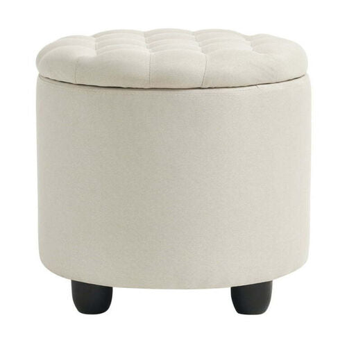 Furniliving Upholstered Button Tufted Round Ottoman, Pu Storage Ottoman Round, Removable Lid Convenient Footstools, Classic Ottoman With Storage For Vanity, Nursery Room, Ivory White