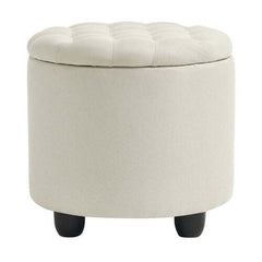 Furniliving Upholstered Button Tufted Round Ottoman, Pu Storage Ottoman Round, Removable Lid Convenient Footstools, Classic Ottoman With Storage For Vanity, Nursery Room, Ivory White