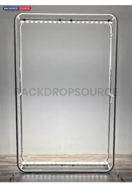 L-Shaped Illuminated Media Wall Set with Counters for 10ft x 10ft Booths.