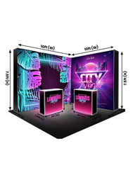 L-Shaped Illuminated Media Wall Set with Counters for 10ft x 10ft Booths.