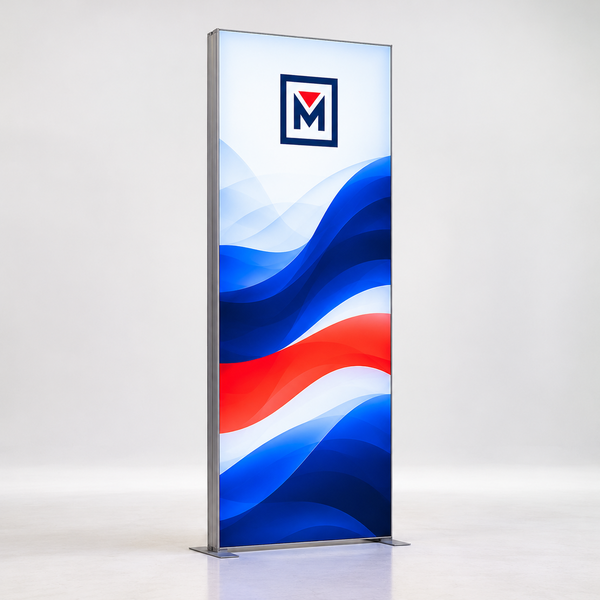 2.8 × 6.6 ft SEG Light Box — front product visualization, one narrow freestanding illuminated display with Megaprintery branding. Concept rendering.