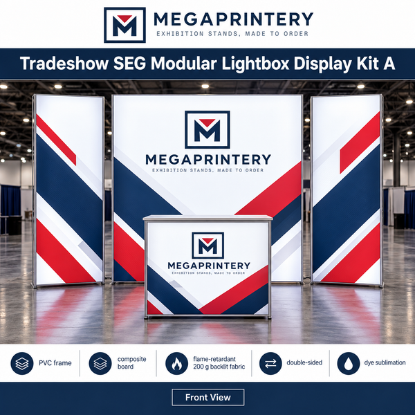 Tradeshow SEG Modular Lightbox Display Kit A — front view, illustrative rendering; exact assembled layout needs supplier confirmation