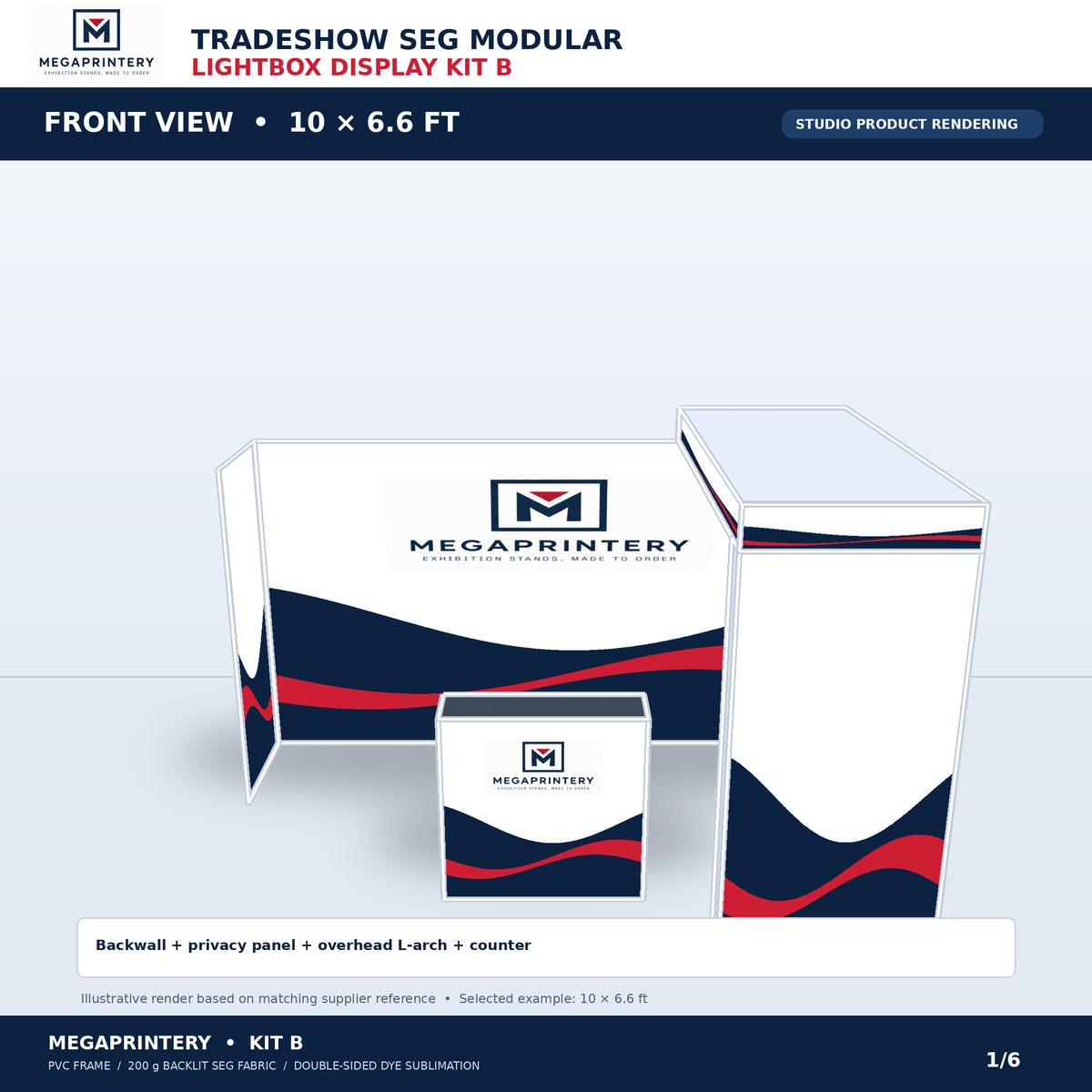 Front view: Kit B illustrative 10 × 6.6 ft SEG lightbox configuration with backdrop, privacy wall, overhead L-arch and counter; not an actual product photograph.