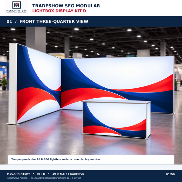 Kit D front three-quarter illustrative view of two perpendicular 10 × 6.6 ft SEG lightbox walls and display counter; not verified manufacturer photography.