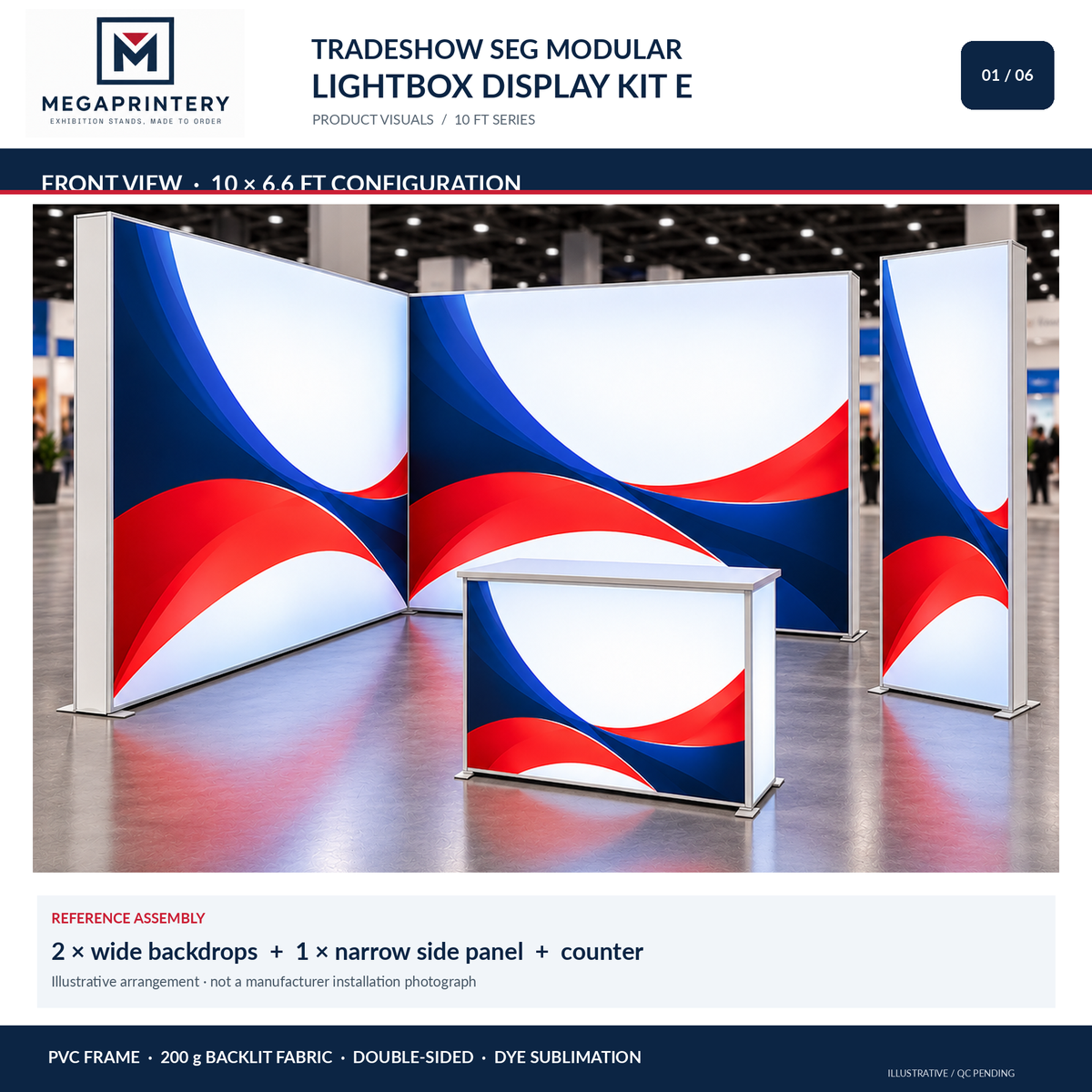 Kit E front view, illustrative two 10 ft SEG lightbox backdrops, 2.8 ft side panel and single counter; assembled orientation subject to manufacturer confirmation
