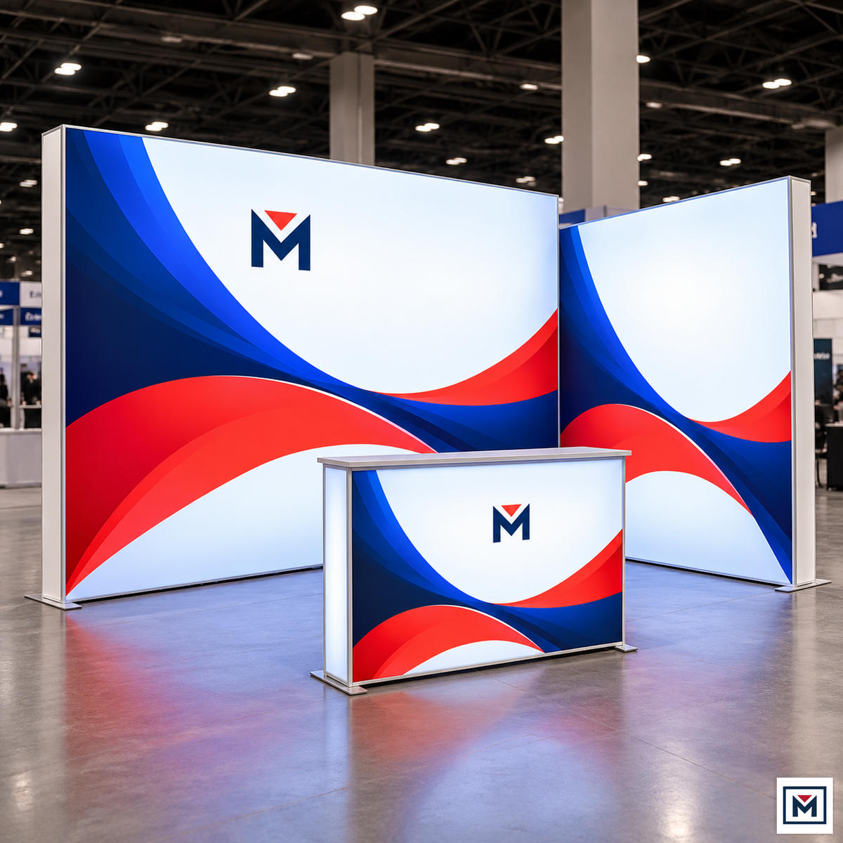 Kit G front-angle illustrative render of a 10 × 7.4 ft backlit backwall with a second side panel and display counter. Concept visualization; exact assembled geometry unverified.