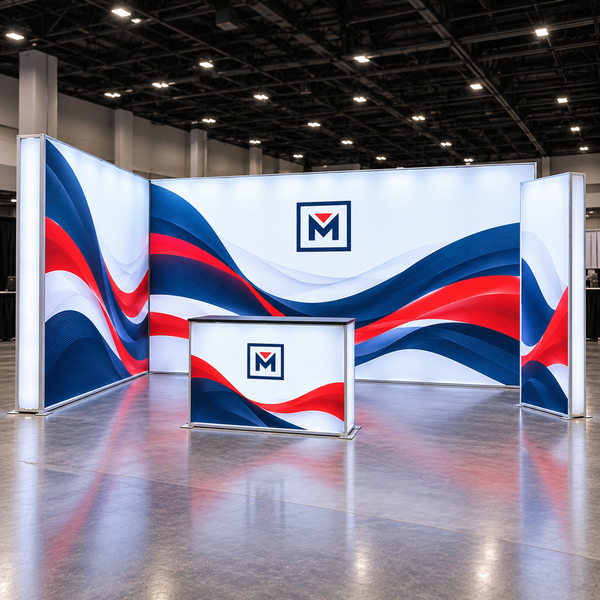 Kit J front-view concept with 20 × 6.6 ft backwall, 10 × 6.6 ft left return, 2.8 × 6.6 ft right banner and 3.3 × 3.3 ft counter. Illustrative render, not a verified product photograph.