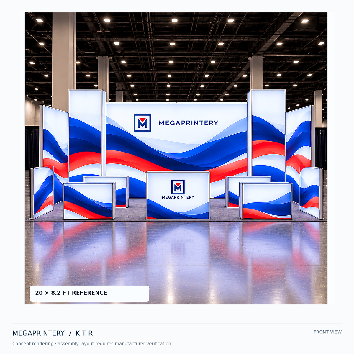 Kit R 20×8.2 ft illuminated display front view, photorealistic-style concept with one display counter and modular SEG panels. Exact assembled arrangement not manufacturer-verified.