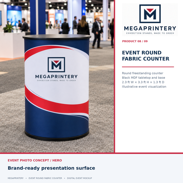 Megaprintery Event Round Fabric Counter, 2.3 ft × 3.3 ft × 1.3 ft, event-style digital mockup, not a real installation photo.