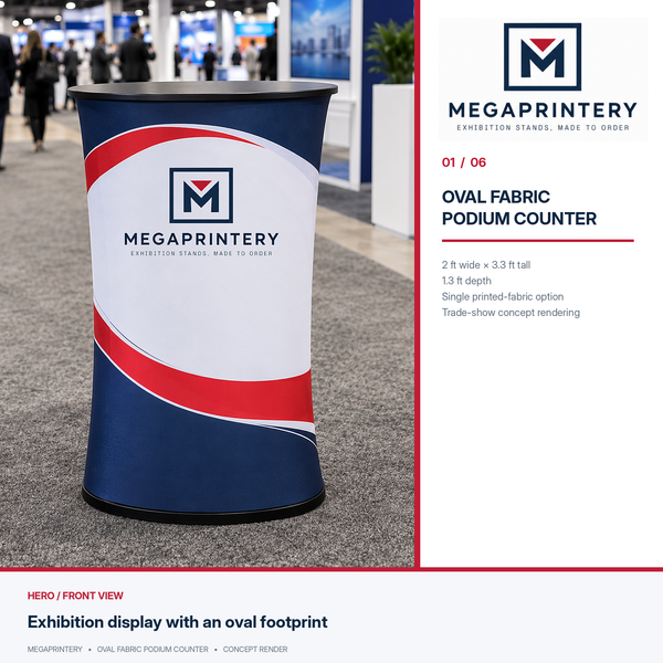 Oval Fabric Podium Counter by Megaprintery, branded front concept rendering in a trade-show hall, not actual installation photograph.