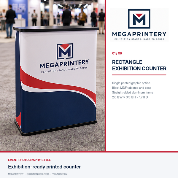 Megaprintery Exhibition Rectangle Display Counter, straight-edged frame and black MDF top, trade-show front view. Illustrative mockup based on 2.6 × 3.3 × 1.7ft version.