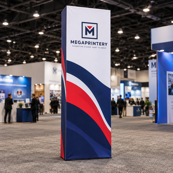 Megaprintery straight SEG fabric pop-up wall, 2.5 x 7.5ft printed frame option, event concept front view, not manufacturer photography.
