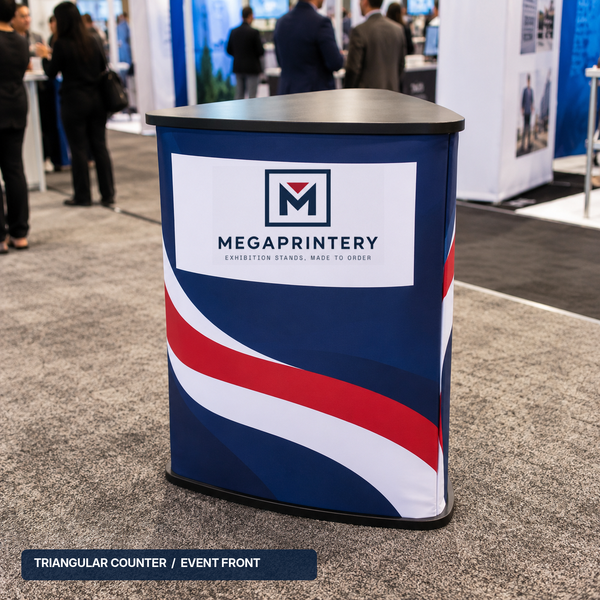 Triangular Fabric Exhibition Counter, Megaprintery branded trade-show setting, 2ft x 3.3ft x 2ft; digital event concept, not product photograph.