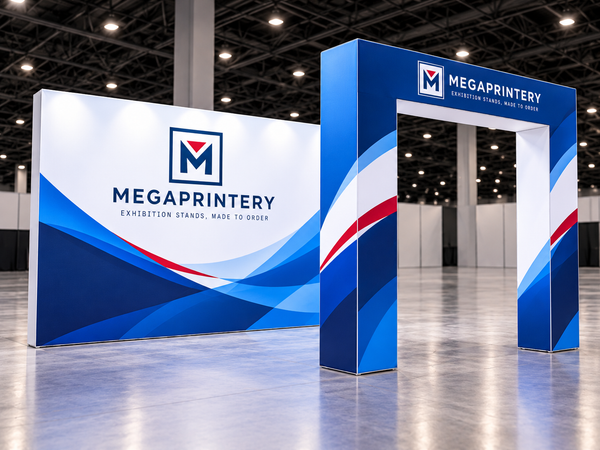 Megaprintery Foldable SEG Modular Display Kit A — illustrative view 1 of 6: backwall and entrance arch; exact panel geometry unverified.