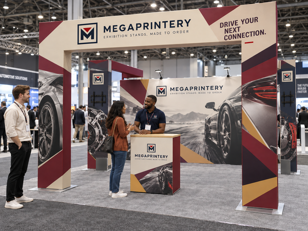 Megaprintery 20x20ft A1 booth at an automotive exhibition with entrance arch, rear wall, two separate L-shaped TV mount displays, counter and two LED lights