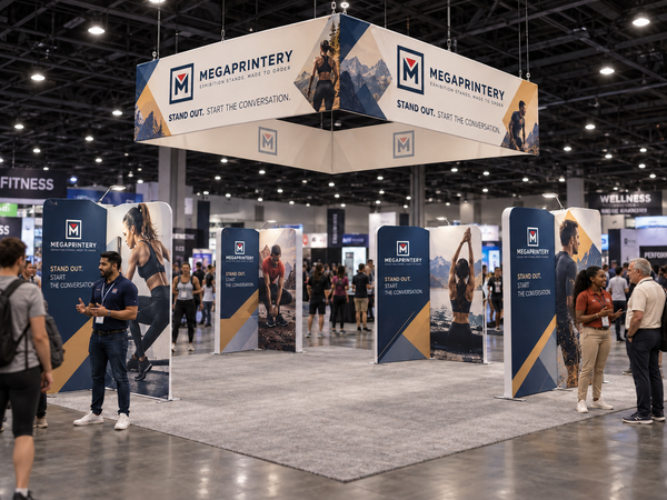 Megaprintery 20x20ft B1 booth at a wellness exhibition with eight straight panels, square hanging sign and four LED spotlights