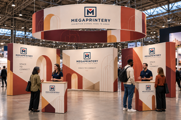 D4 architecture expo booth with circular hanging sign, three thick fabric wall panels and two counters