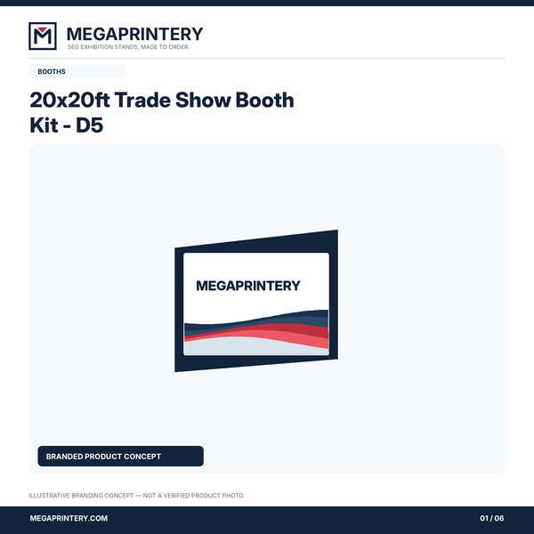 20x20ft Trade Show Booth Kit - D5: illustrative branded concept 1/6; hardware details not verified