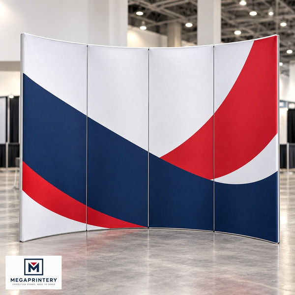 Front view of four curved magnetic fabric display panels, 6.5 ft high — Megaprintery