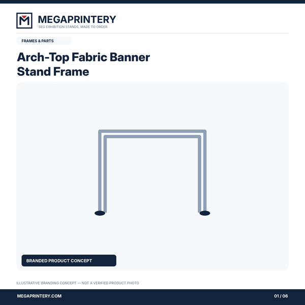 Arch-Top Fabric Banner Stand Frame: illustrative branded concept 1/6; hardware details not verified
