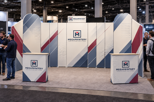 B6 10x20ft booth at a technology exhibition with seven straight panels, two arch-top panels, two sloped panels, two counters and two spotlights