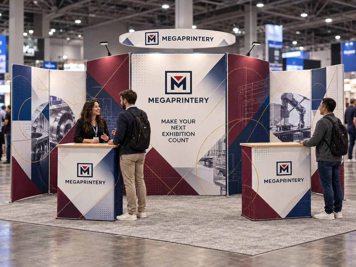Megaprintery B9 10x20ft booth at a manufacturing exhibition with seven fabric panels, oval header, two counters and two LED spotlights