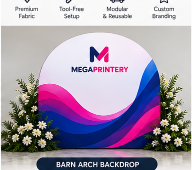 Illustrative Megaprintery branded concept for Barn Arch Backdrop; product configuration may vary