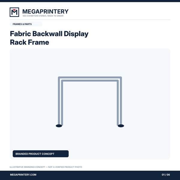 Fabric Backwall Display Rack Frame: illustrative branded concept 1/6; hardware details not verified