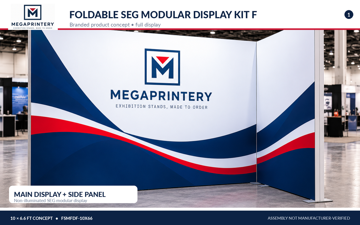 Kit F 10 × 6.6 ft branded SEG display — illustrative concept; exact assembly not manufacturer verified.