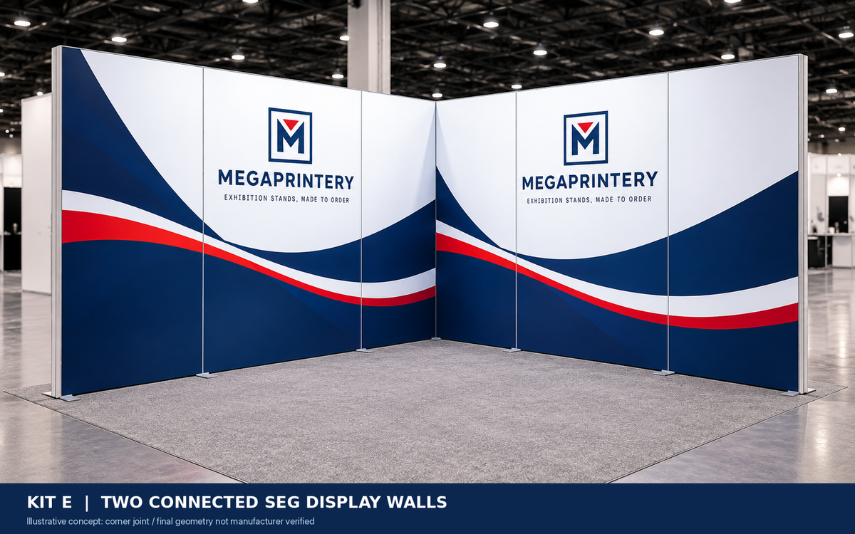 Kit E — non-illuminated two-wall SEG booth concept, 10 × 6.6 ft. Exact manufacturer wall alignment and junction unverified.