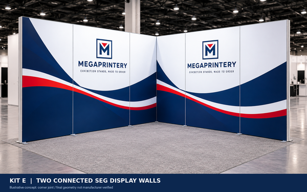 Kit E — non-illuminated two-wall SEG booth concept, 10 × 6.6 ft. Exact manufacturer wall alignment and junction unverified.