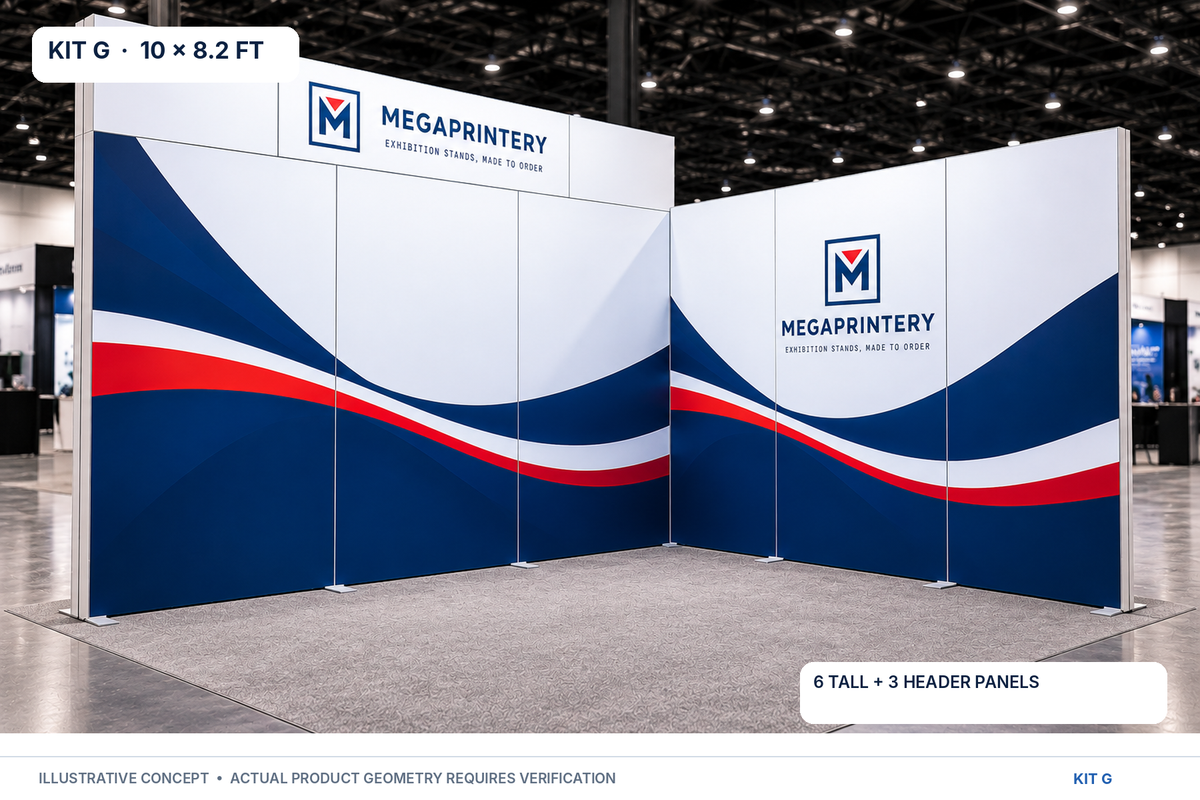 Kit G 10 × 8.2 ft – illustrative two-wall display and raised header; assembly geometry not manufacturer-verified.