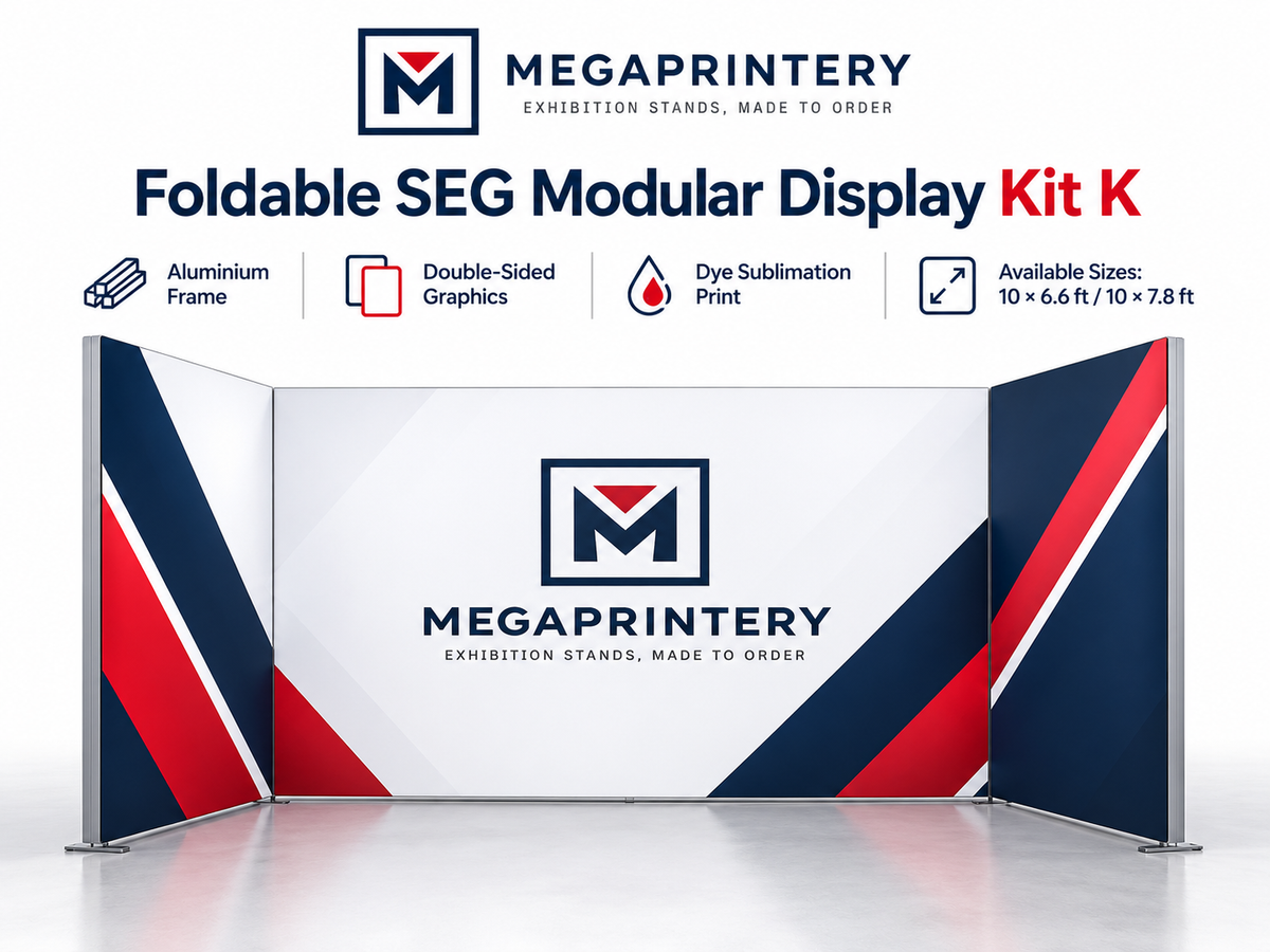 Kit K — illustrative Megaprintery branded SEG booth concept; assembled geometry unverified.