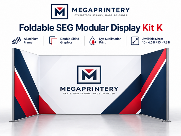 Kit K — illustrative Megaprintery branded SEG booth concept; assembled geometry unverified.