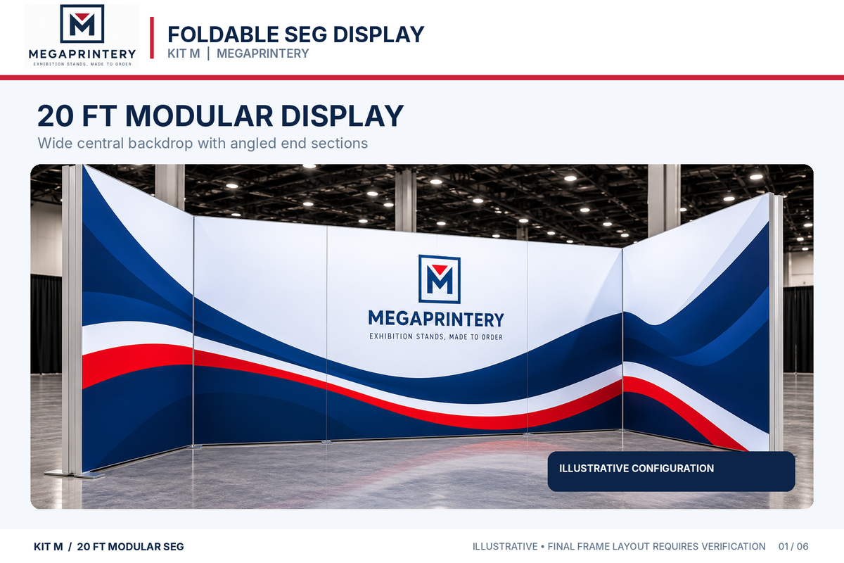 Kit M — 20 ft wide illustrated exhibition stand with angled walls; exact assembled geometry unverified.