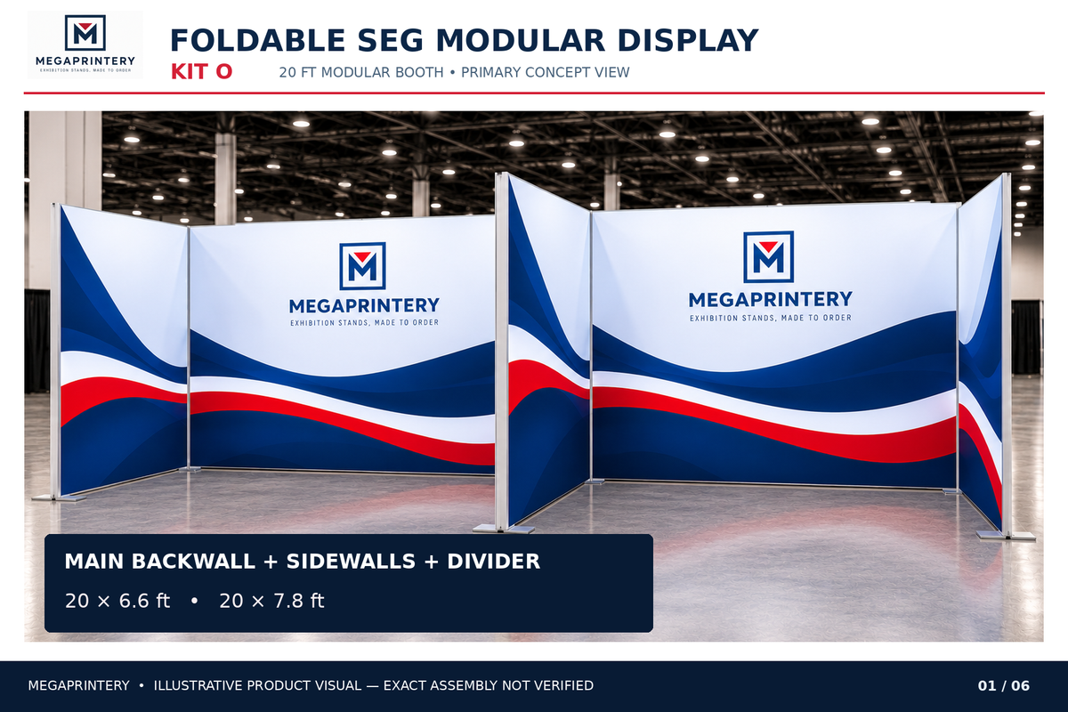 Kit O — illustrative 20 ft booth with backwall, sidewalls and projecting center divider; exact assembly not manufacturer verified.