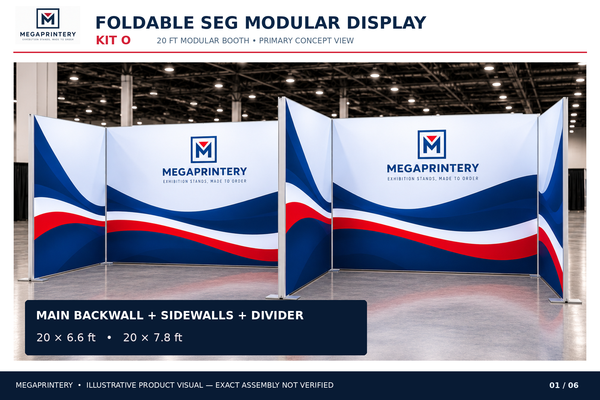 Kit O — illustrative 20 ft booth with backwall, sidewalls and projecting center divider; exact assembly not manufacturer verified.