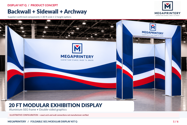 Kit Q — illustrative 20 ft modular exhibition stand with backwall, sidewall and walk-through arch; exact joins and assembled geometry not manufacturer verified.