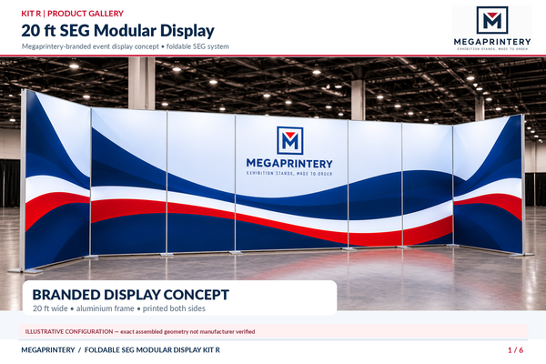 Kit R — illustrative 20-ft segmented SEG exhibition display with angled ends; exact manufacturer assembly not verified.