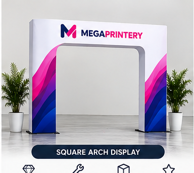 Illustrative Megaprintery branded concept for Square Arch Display; product configuration may vary