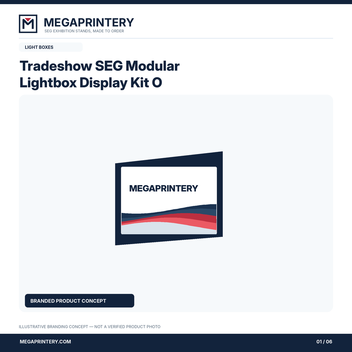 Tradeshow SEG Modular Lightbox Display Kit O: Megaprintery illustrative concept graphic 1 of 6; not a verified product photograph