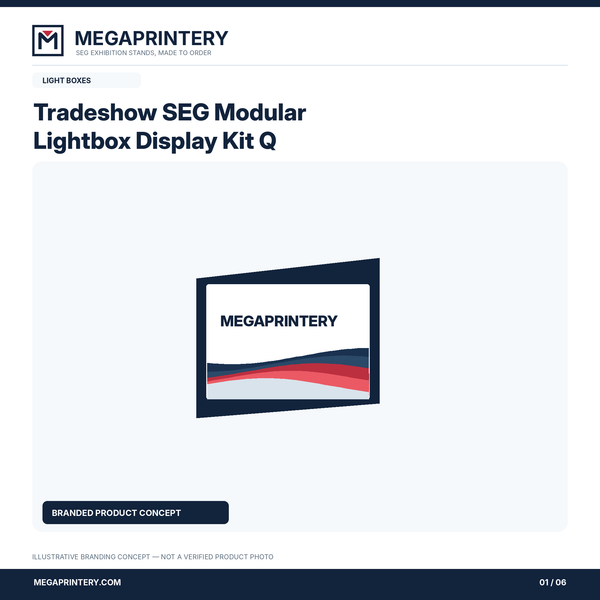 Tradeshow SEG Modular Lightbox Display Kit Q: Megaprintery illustrative concept graphic 1 of 6; not a verified product photograph
